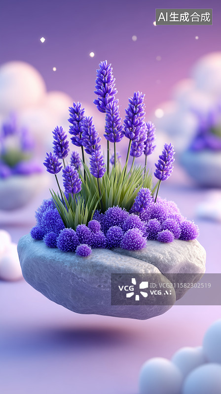 【AI数字艺术】漂浮岩石上的紫色薰衣草图片素材