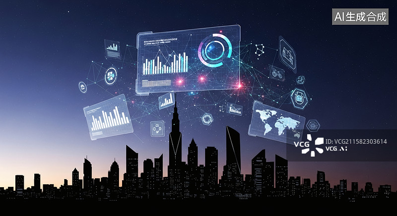 【AI数字艺术】未来城市天际线与全息数据显示图片素材