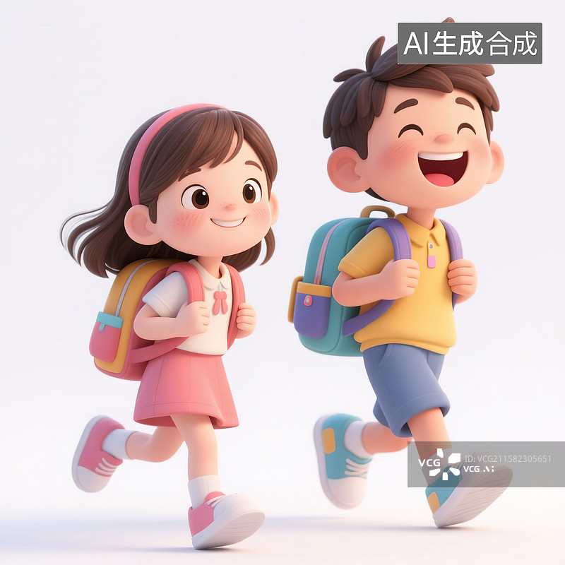 【AI数字艺术】背着书包去上学的两个小学生3d插画图片素材