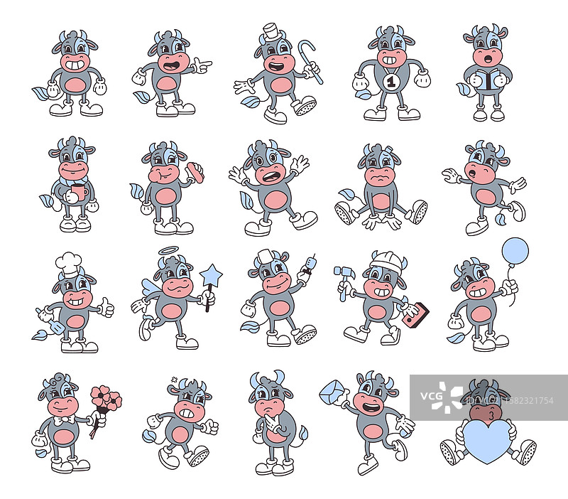 可爱的牛角色系列，包含多种不同形象图片素材