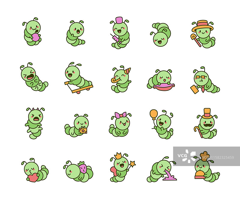 可爱的毛毛虫套装，包含多种不同类型图片素材