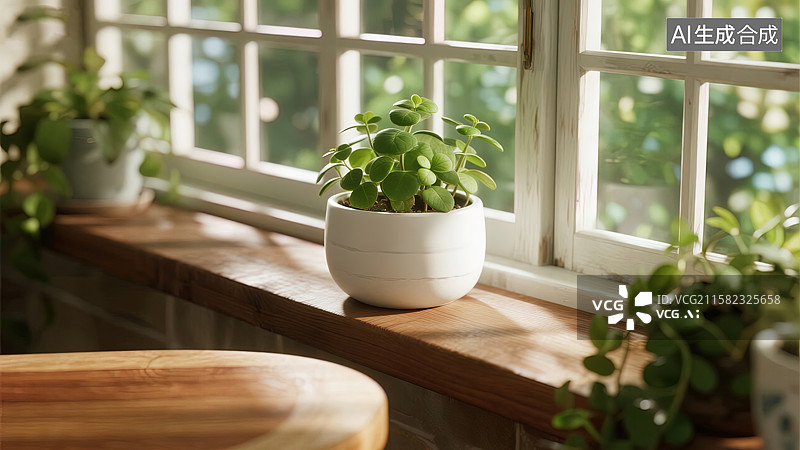 【AI数字艺术】窗台上的绿意生机图片素材