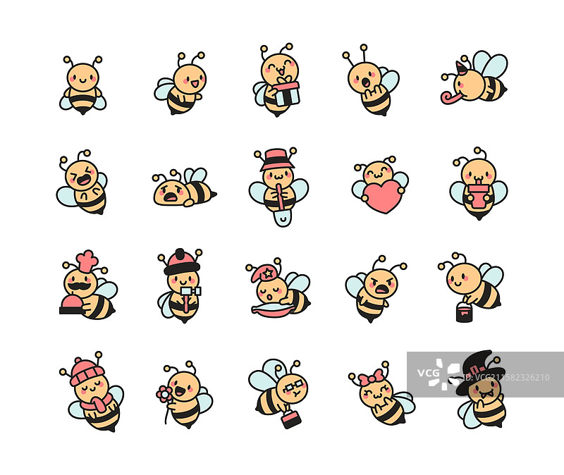 可爱的蜜蜂角色表达情感的可爱组合图片素材