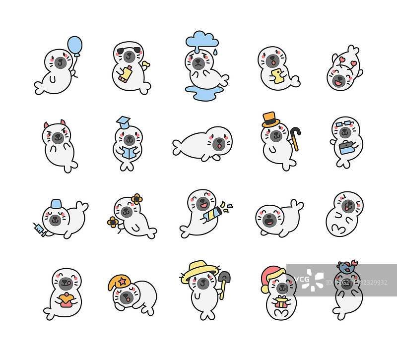 可爱的卡哇伊海豹角色组合图片素材