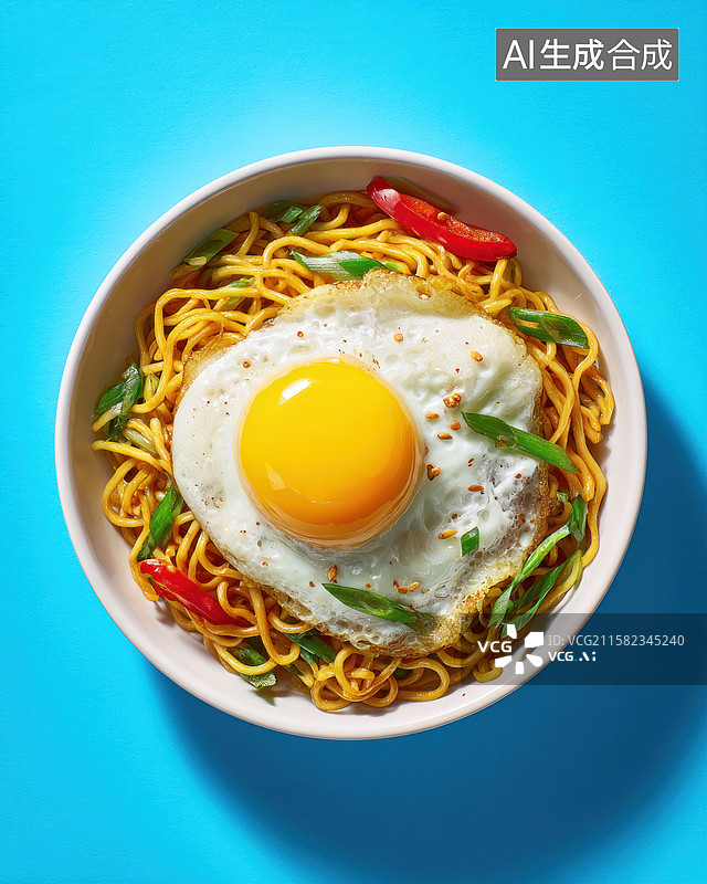 【AI数字艺术】一碗配有溏心煎蛋和蔬菜的炒面图片素材