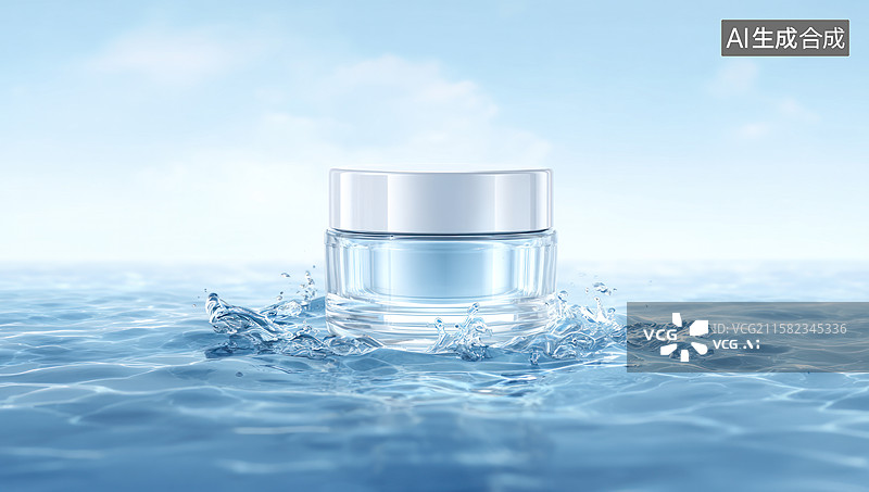 【AI数字艺术】水面上的透明玻璃罐护肤品图片素材