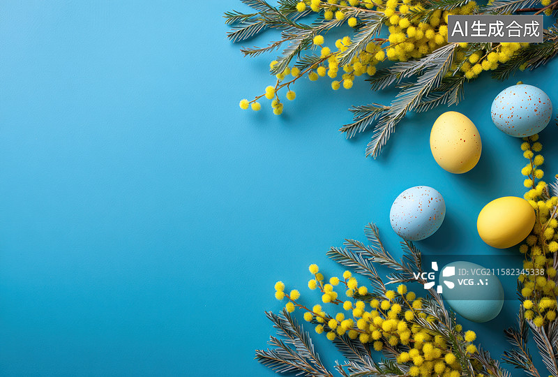【AI数字艺术】蓝色背景上的彩色复活节彩蛋与含羞草图片素材