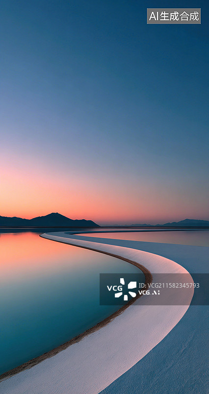 【AI数字艺术】夕阳下平静盐湖的壮丽自然景观图片素材