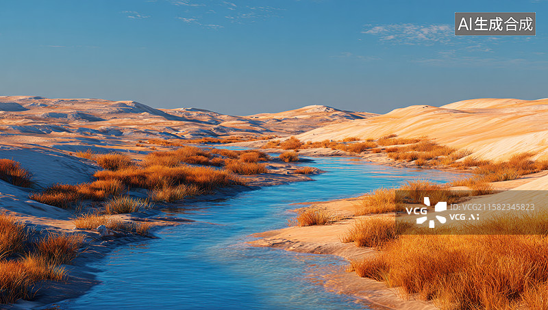 【AI数字艺术】沙丘间蜿蜒的蓝色河流景观图片素材
