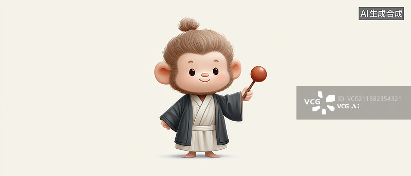 【AI数字艺术】可爱的小猴子手持木鱼图片素材
