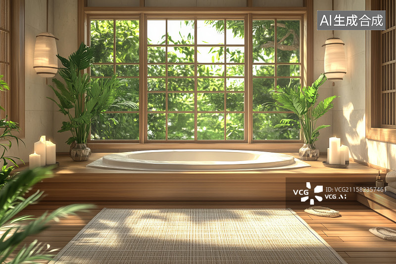 【AI数字艺术】日式风格浴室，自然光与绿植环绕图片素材