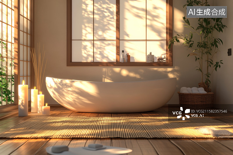 【AI数字艺术】日式风格浴室，阳光洒落的宁静空间图片素材