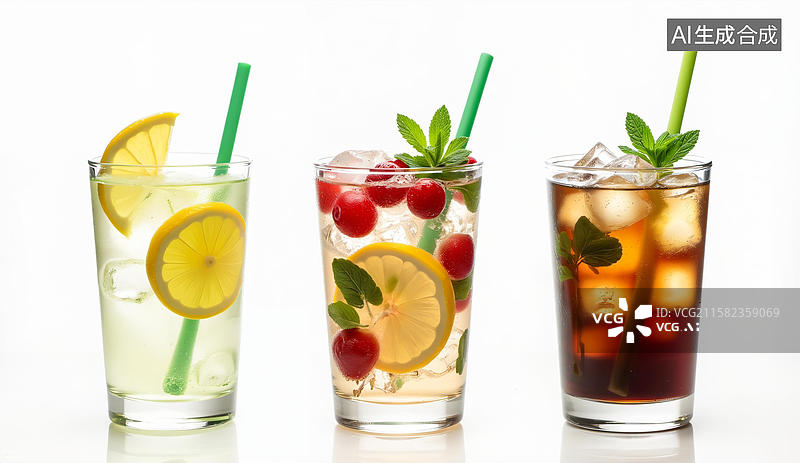 【AI数字艺术】三杯清新水果饮料图片素材