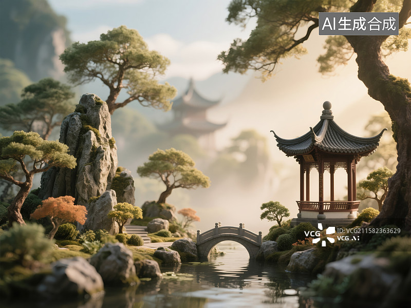 【AI数字艺术】微缩江南・园林仙境图片素材