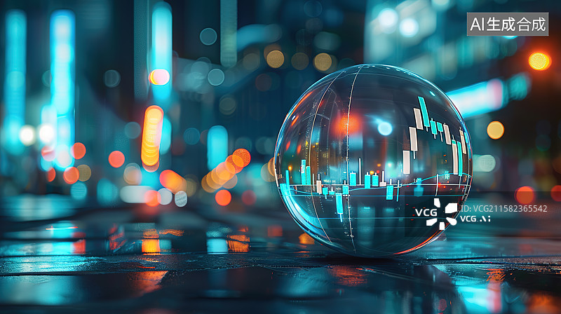 【AI数字艺术】城市夜景背景下的一颗显示经济和股市数据的水晶球图片素材