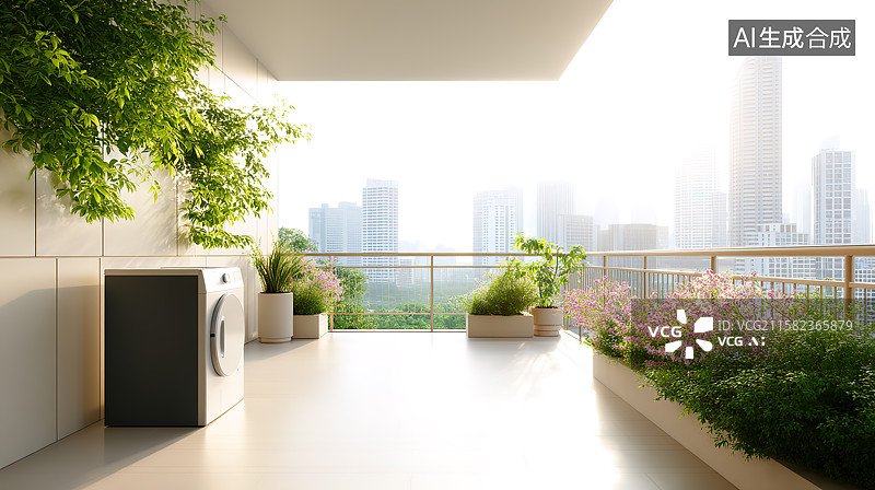 【AI数字艺术】明媚的阳光下的阳台和洗衣机居家生活场景插画图片素材