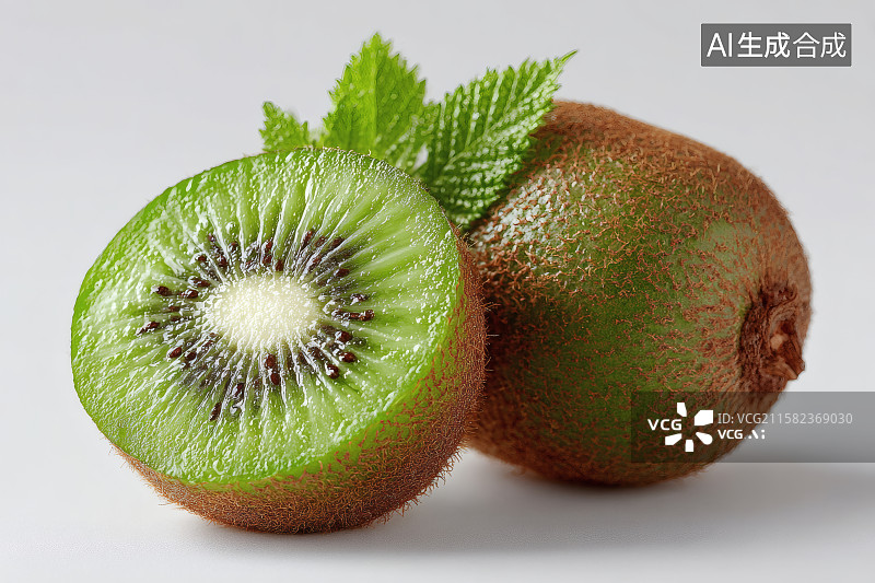 【AI数字艺术】白底上对半切开的新鲜猕猴桃图片素材