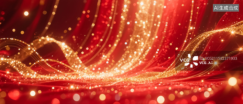 【AI数字艺术】金线粒子流动红色背景抽象插画图片素材