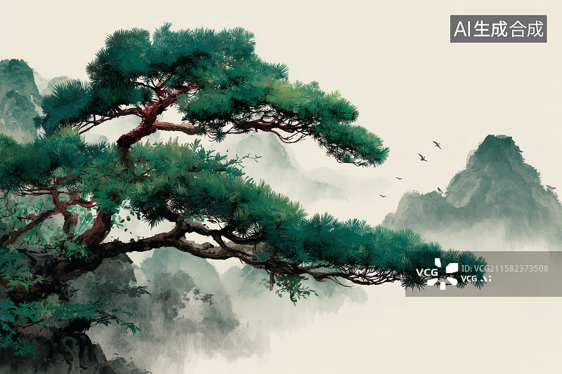 【AI数字艺术】山水画，远处的山峰被云雾遮罩，悬崖峭壁上的一颗松树图片素材