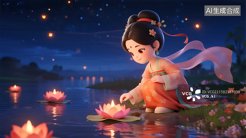 【AI数字艺术】3D女孩中元节放河灯荷花灯祈福图片素材