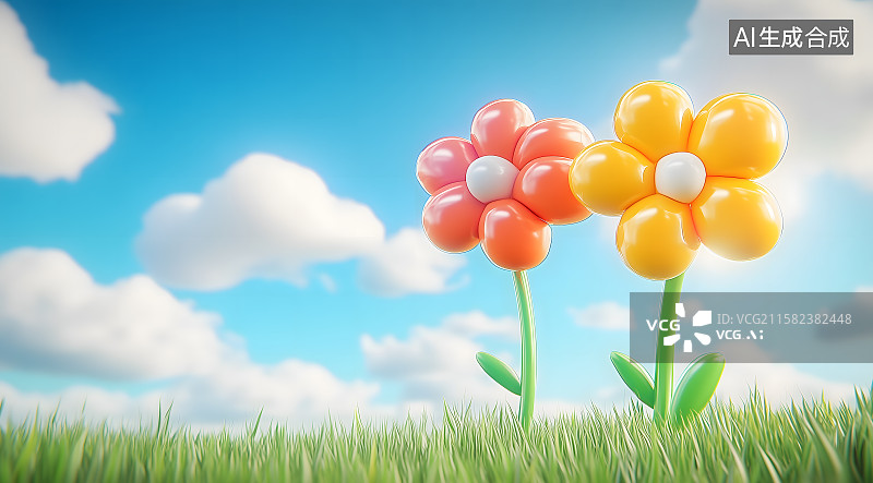 【AI数字艺术】3D卡通游戏场景，糖果色的花朵在绿草3d卡通清新春夏户外背景，大草原上梦幻的糖果庄园儿童童话世界图片素材