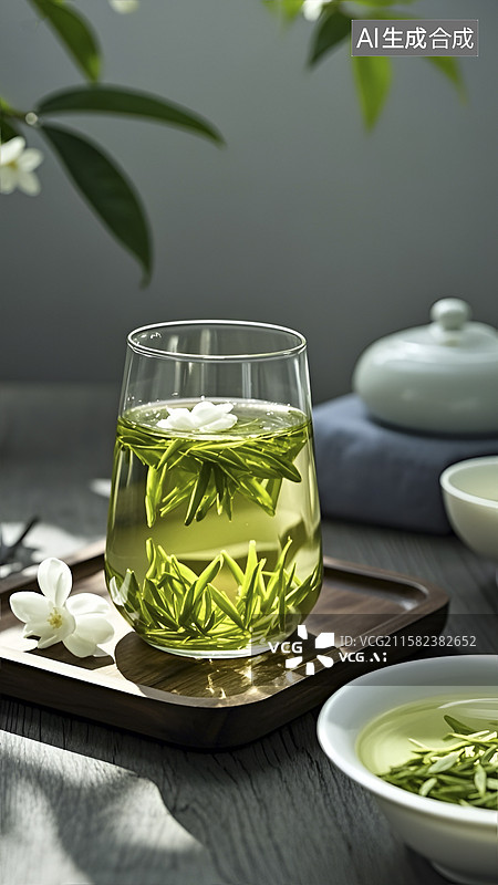 【AI数字艺术】木托盘上的玻璃杯绿茶与茉莉花图片素材