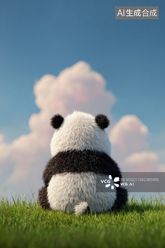 【AI数字艺术】卡通熊猫坐在草坪上图片素材