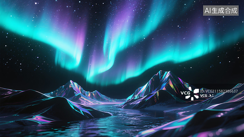 【AI数字艺术】银色山峰河流星空极光科技壁纸背景三维图图片素材