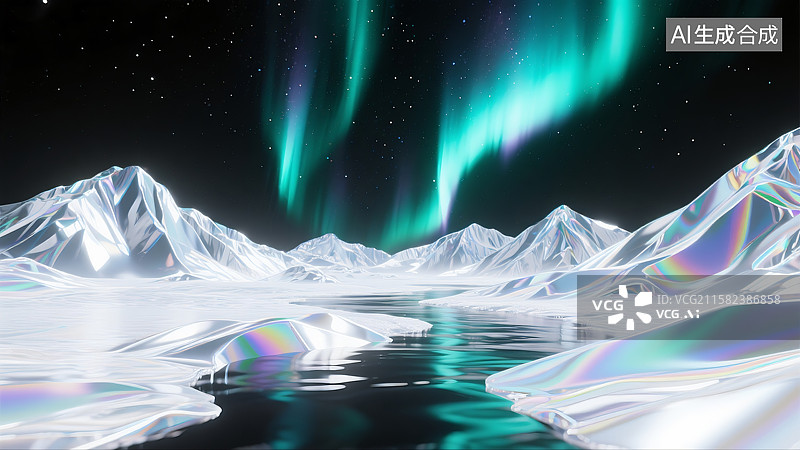 【AI数字艺术】银白色山脉河流极光星空壁纸背景三维图图片素材