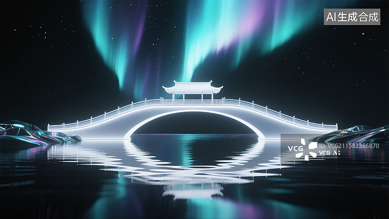 【AI数字艺术】银白色桥古建筑水面倒影极光星空壁纸背景三维图图片素材