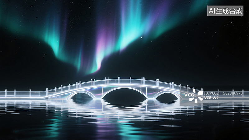 【AI数字艺术】银白色拱桥水面倒影极光星空壁纸背景三维图图片素材