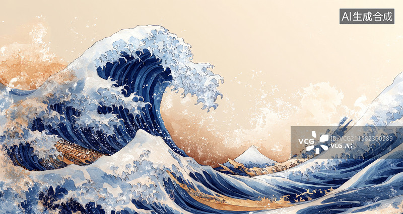 【AI数字艺术】日式风格海浪艺术插画图片素材