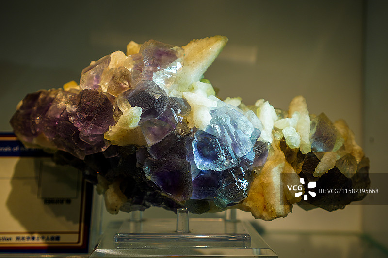 陈列在中国地质大学逸夫博物馆的方解石+萤石图片素材