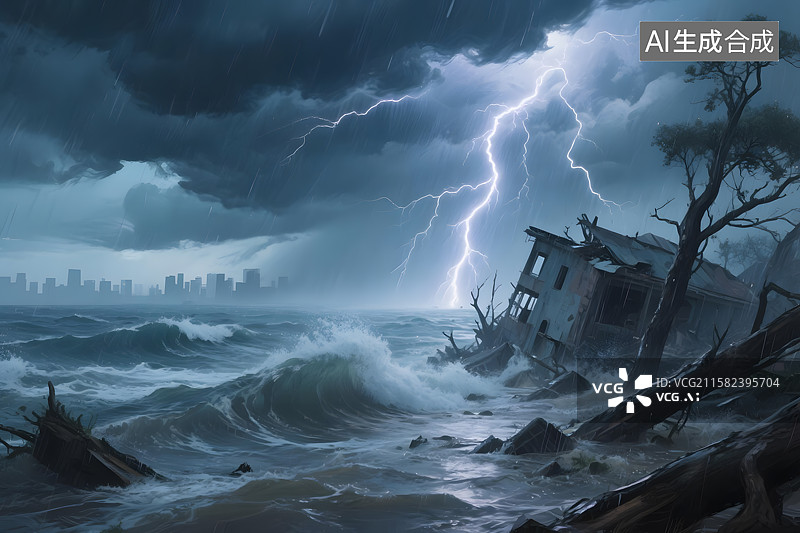 【AI数字艺术】台风天气背景自然灾害暴风雨雷暴天气插图图片素材