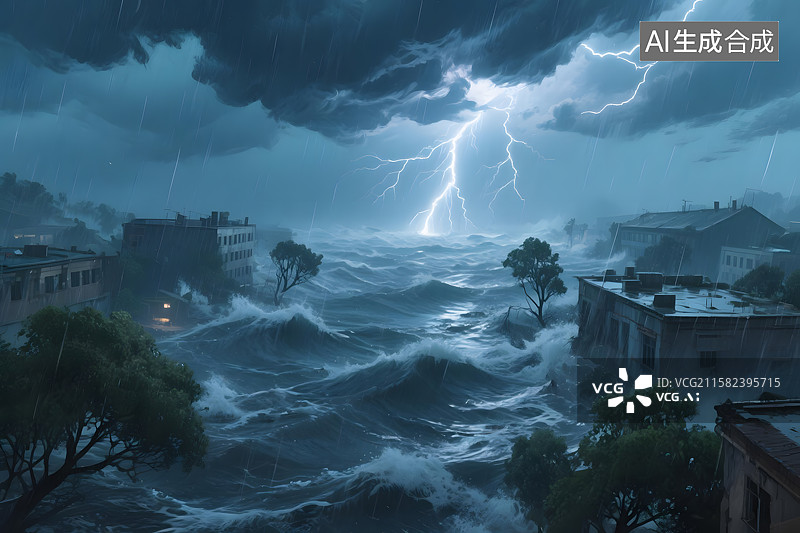 【AI数字艺术】台风天气背景自然灾害暴风雨雷暴天气插图图片素材