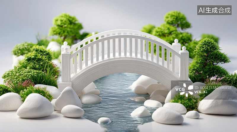 【AI数字艺术】白桥流水绿植图片素材