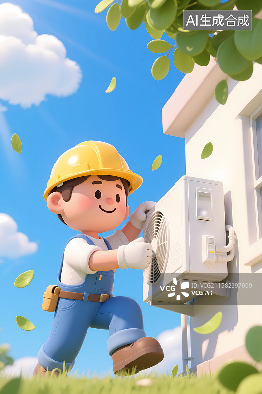 【AI数字艺术】修空调的修理工3D卡通插画图片素材
