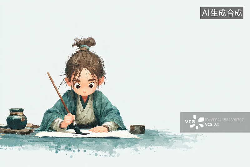 【AI数字艺术】穿着古代服饰的男子在练毛笔字，右边留白图片素材