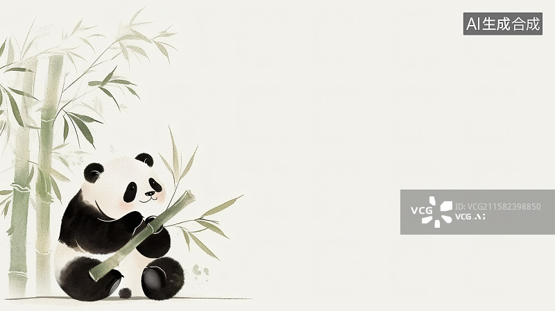 【AI数字艺术】竹林中的一只大熊猫正在吃竹子，右边留白图片素材