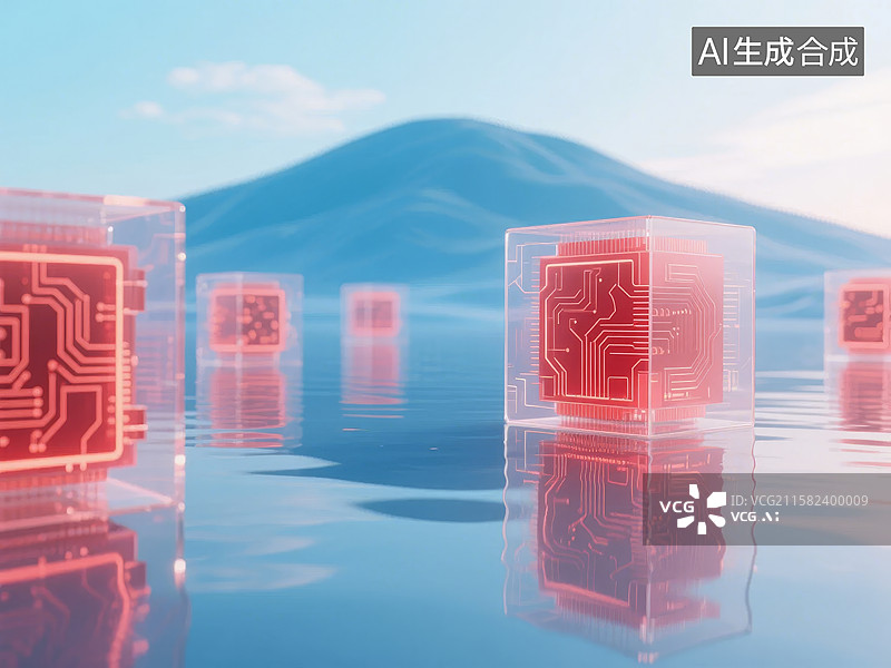 【AI数字艺术】透明方块中的电路板与山水背景图片素材