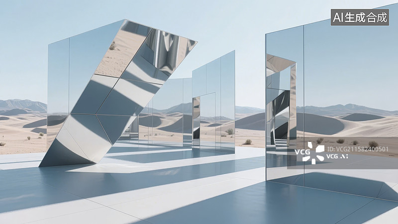 【AI数字艺术】沙漠中的镜面立方体艺术装置图片素材