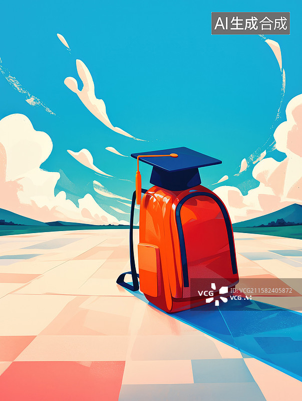 【AI数字艺术】创意抽象商业背景天空地板上的红色书包和毕业帽书籍封面的教育旅程图片素材