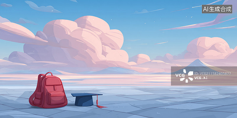 【AI数字艺术】创意抽象商业背景天空地板上的红色书包和毕业帽书籍封面的教育旅程图片素材
