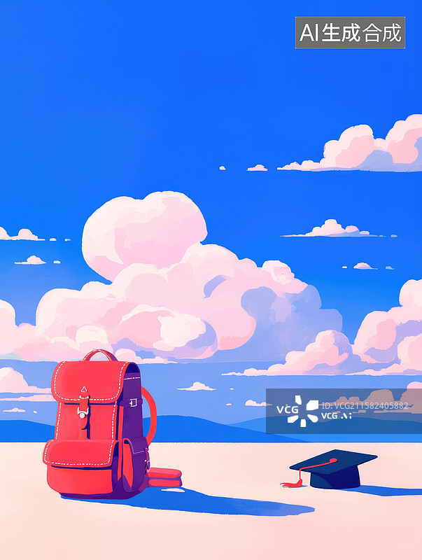【AI数字艺术】创意抽象商业背景天空地板上的红色书包和毕业帽书籍封面的教育旅程图片素材
