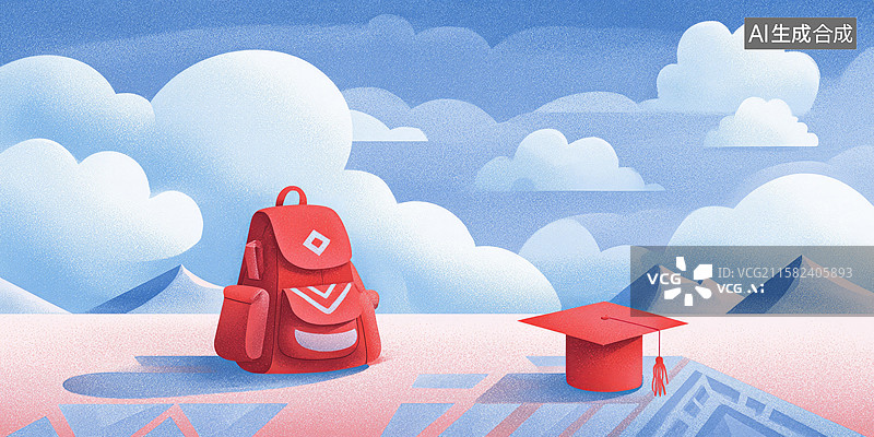 【AI数字艺术】创意抽象商业背景天空地板上的红色书包和毕业帽书籍封面的教育旅程图片素材