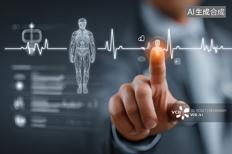 【AI数字艺术】男子站在显示屏上，查看病人的心跳频率，手指操作图片素材