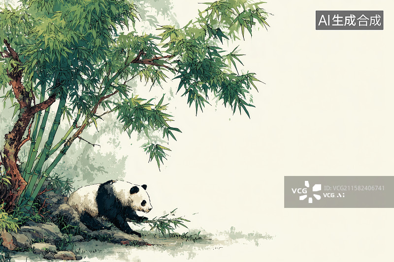 【AI数字艺术】竹林中的一只大熊猫，正在悠闲的吃着竹子图片素材