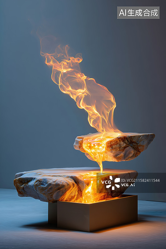 【AI数字艺术】创意插画岩石质感容器上摇曳的火焰3D立体场景图片素材