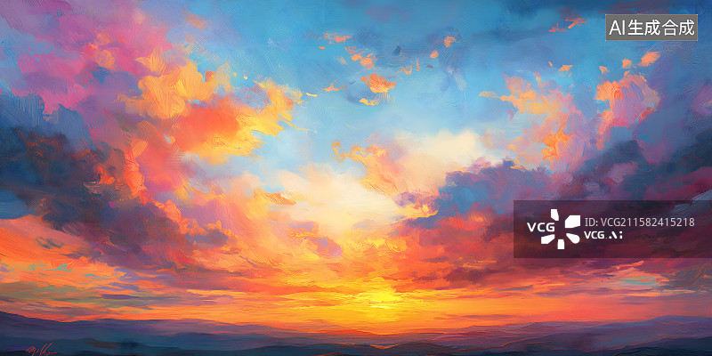 【AI数字艺术】壮美日落云海景观，绚丽的云彩与渐变的天空，呈现出梦幻的日落风景。图片素材
