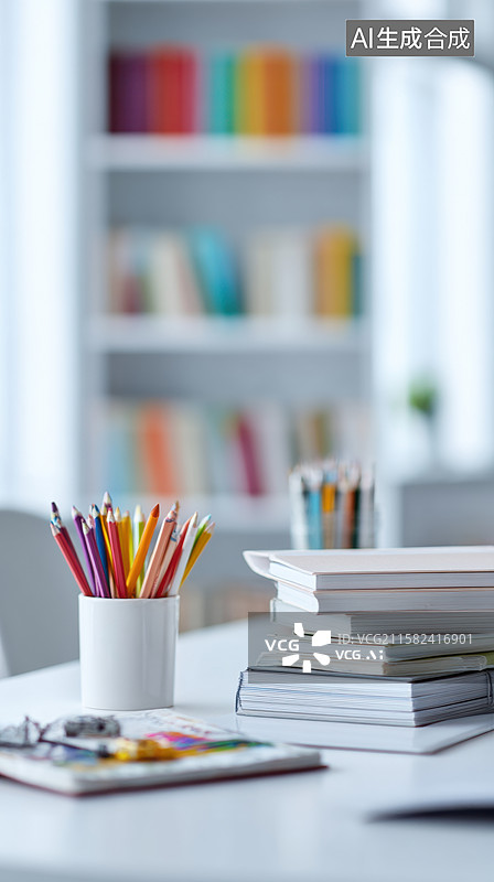 【AI数字艺术】书桌上的文具与书籍图片素材